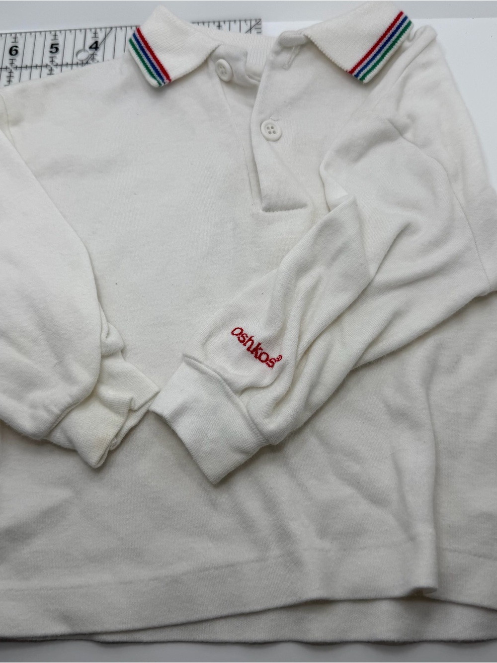 Vintage OshKosh B'gosh White Long-Sleeve Polo Shirt with Stripe Collar